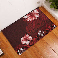 Hawaii Hibiscus With Oxblood Polynesian Pattern Rubber Doormat