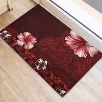 Hawaii Hibiscus With Oxblood Polynesian Pattern Rubber Doormat