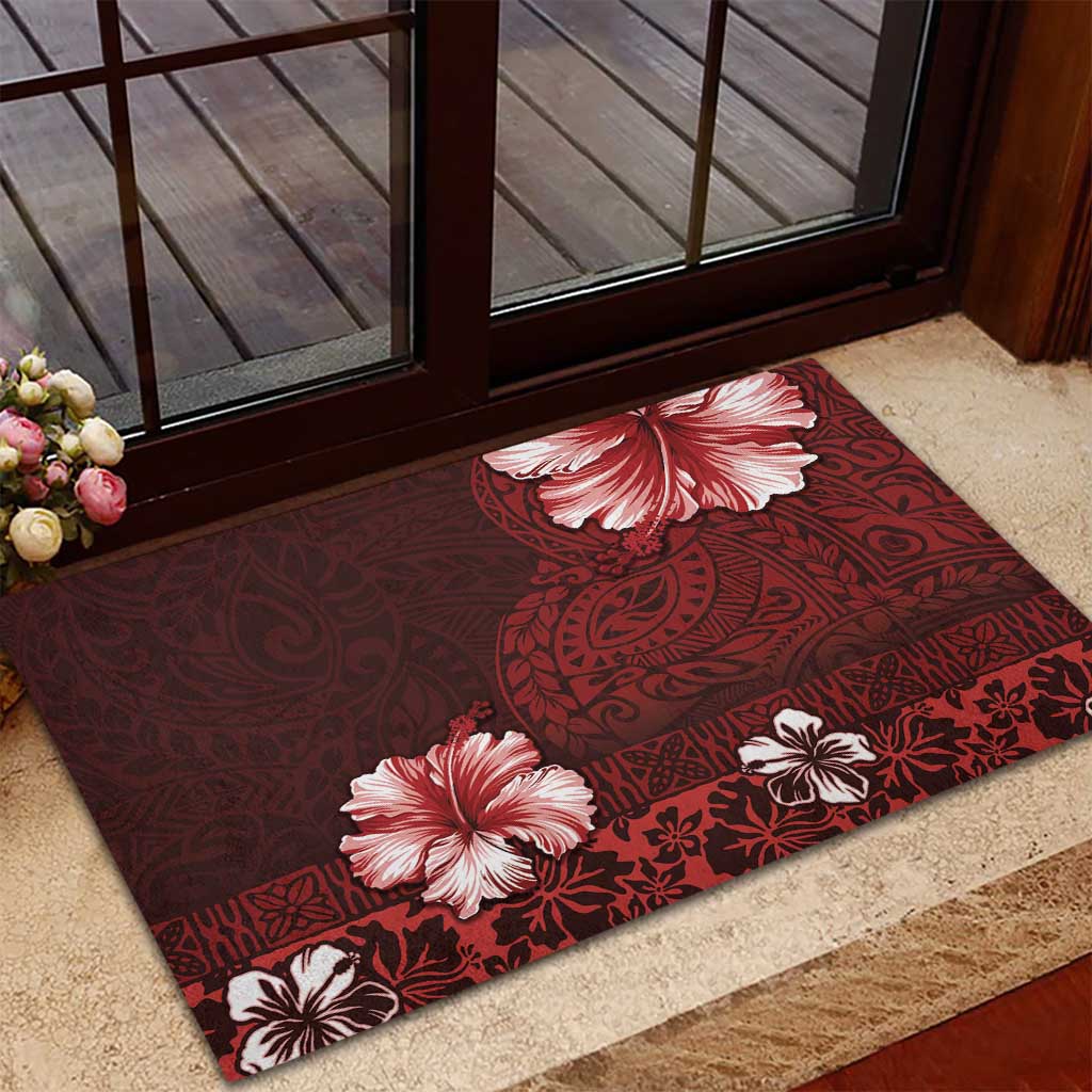 Hawaii Hibiscus With Oxblood Polynesian Pattern Rubber Doormat