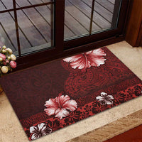 Hawaii Hibiscus With Oxblood Polynesian Pattern Rubber Doormat