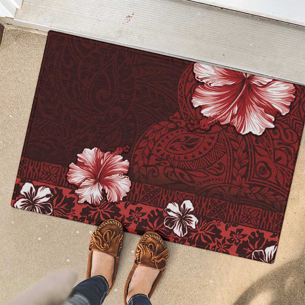 Hawaii Hibiscus With Oxblood Polynesian Pattern Rubber Doormat