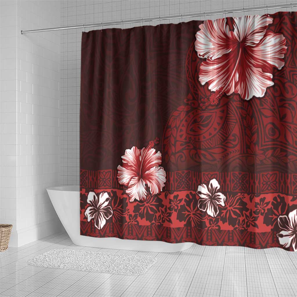 Hawaii Hibiscus With Oxblood Polynesian Pattern Shower Curtain