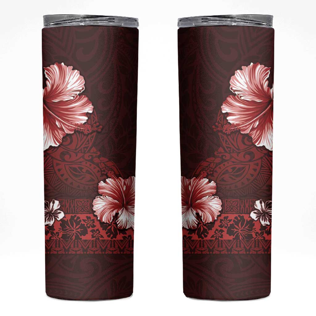 Hawaii Hibiscus With Oxblood Polynesian Pattern Skinny Tumbler