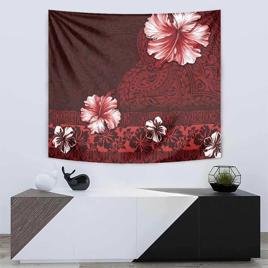 Hawaii Hibiscus With Oxblood Polynesian Pattern Tapestry