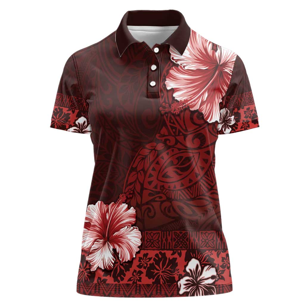 Hawaii Hibiscus With Oxblood Polynesian Pattern Women Polo Shirt