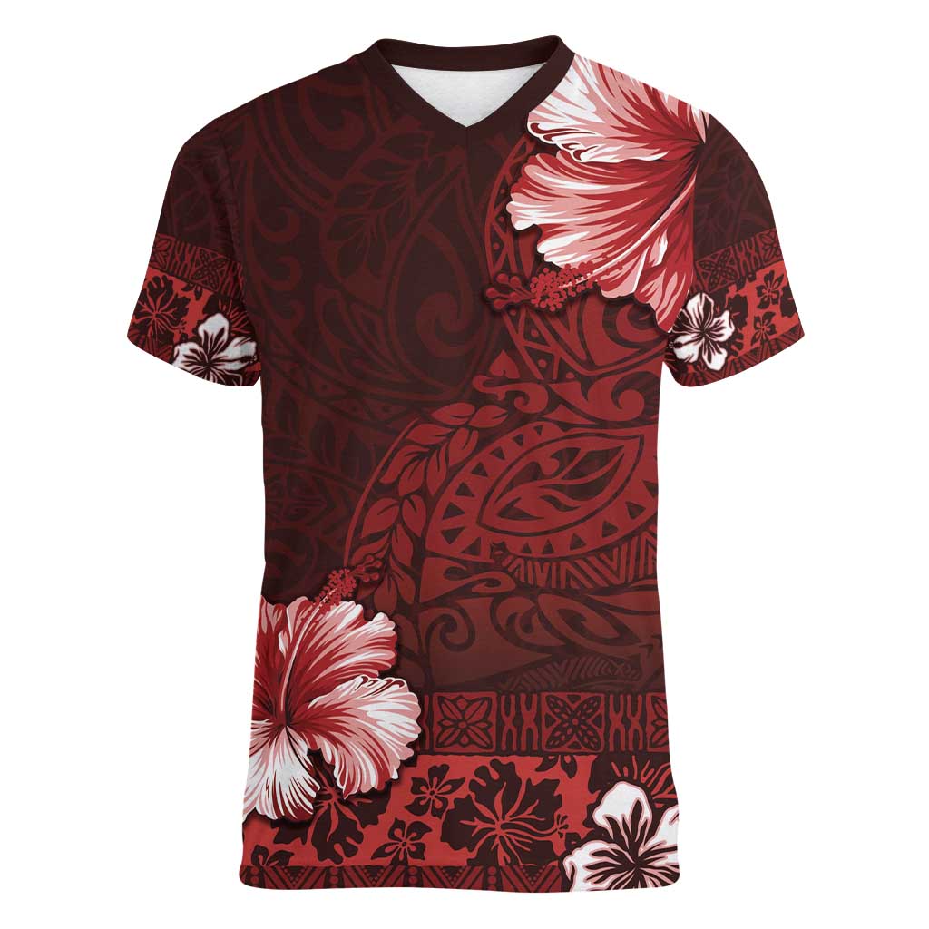 Hawaii Hibiscus With Oxblood Polynesian Pattern Women V-Neck T-Shirt LT05 Female Red - Polynesian Pride