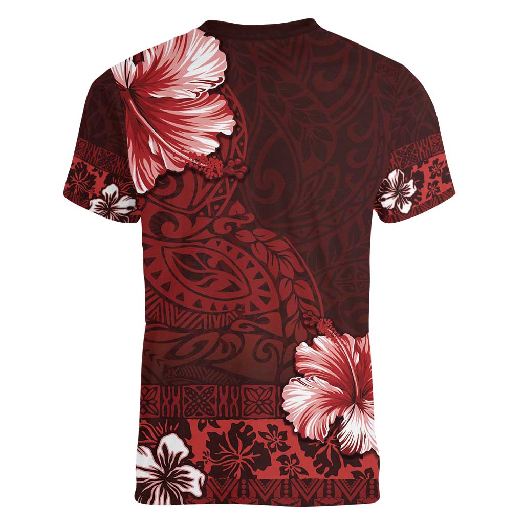 Hawaii Hibiscus With Oxblood Polynesian Pattern Women V-Neck T-Shirt LT05 - Polynesian Pride