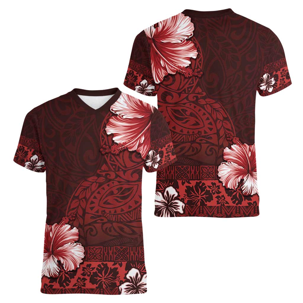 Hawaii Hibiscus With Oxblood Polynesian Pattern Women V-Neck T-Shirt LT05 - Polynesian Pride