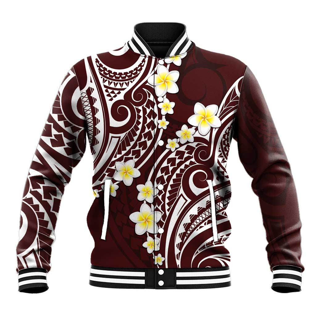 Plumeria With Oxblood Polynesian Tattoo Pattern Baseball Jacket