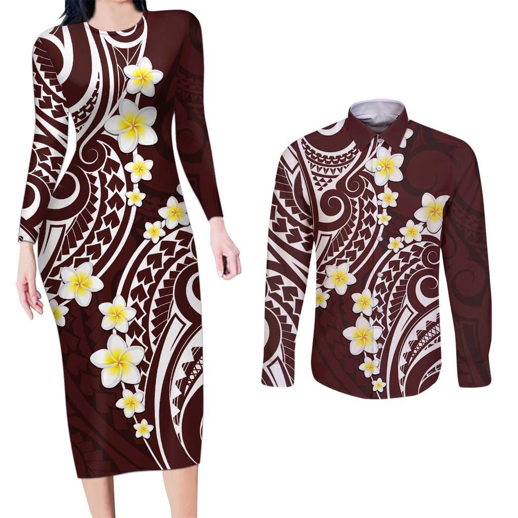 Plumeria With Oxblood Polynesian Tattoo Pattern Couples Matching Long Sleeve Bodycon Dress and Long Sleeve Button Shirt