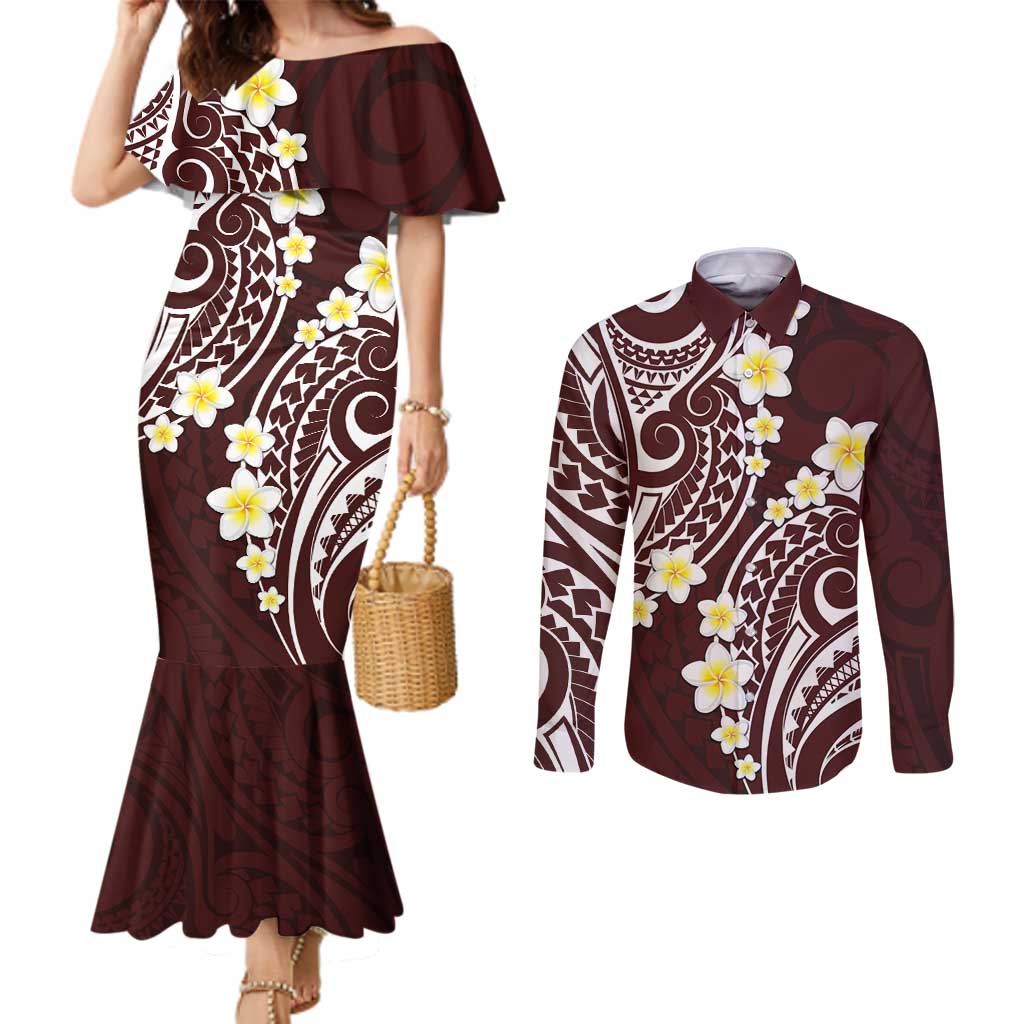 Plumeria With Oxblood Polynesian Tattoo Pattern Couples Matching Mermaid Dress and Long Sleeve Button Shirt