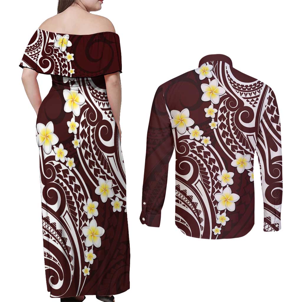 Plumeria With Oxblood Polynesian Tattoo Pattern Couples Matching Off Shoulder Maxi Dress and Long Sleeve Button Shirt