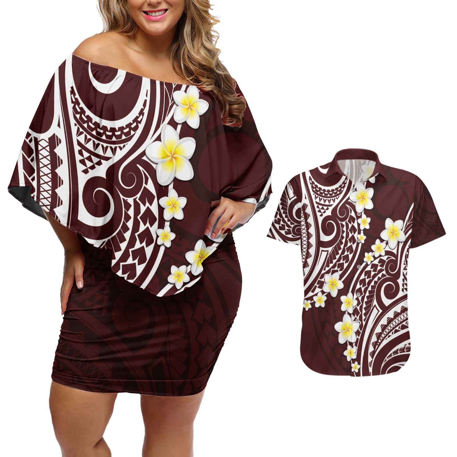 Plumeria With Oxblood Polynesian Tattoo Pattern Couples Matching Off Shoulder Short Dress and Hawaiian Shirt