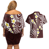 Plumeria With Oxblood Polynesian Tattoo Pattern Couples Matching Off Shoulder Short Dress and Hawaiian Shirt