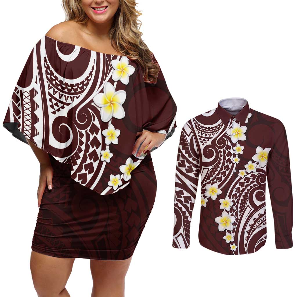 Plumeria With Oxblood Polynesian Tattoo Pattern Couples Matching Off Shoulder Short Dress and Long Sleeve Button Shirt
