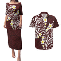 Plumeria With Oxblood Polynesian Tattoo Pattern Couples Matching Puletasi and Hawaiian Shirt