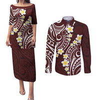 Plumeria With Oxblood Polynesian Tattoo Pattern Couples Matching Puletasi and Long Sleeve Button Shirt
