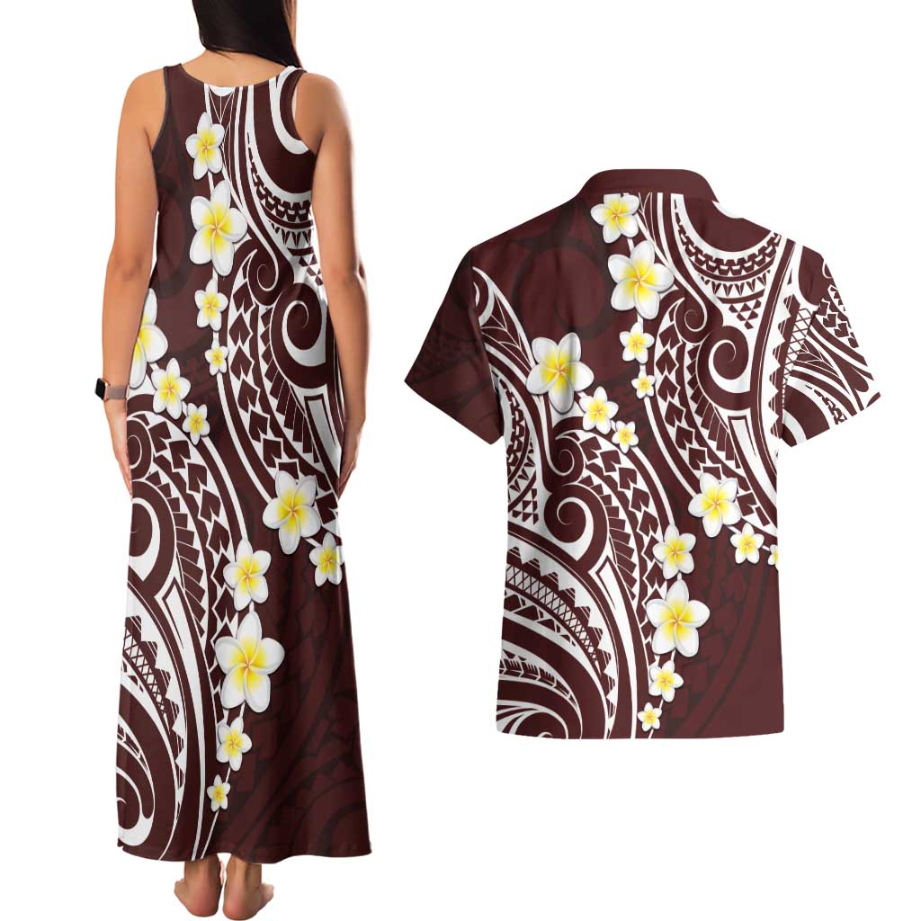 Plumeria With Oxblood Polynesian Tattoo Pattern Couples Matching Tank Maxi Dress and Hawaiian Shirt