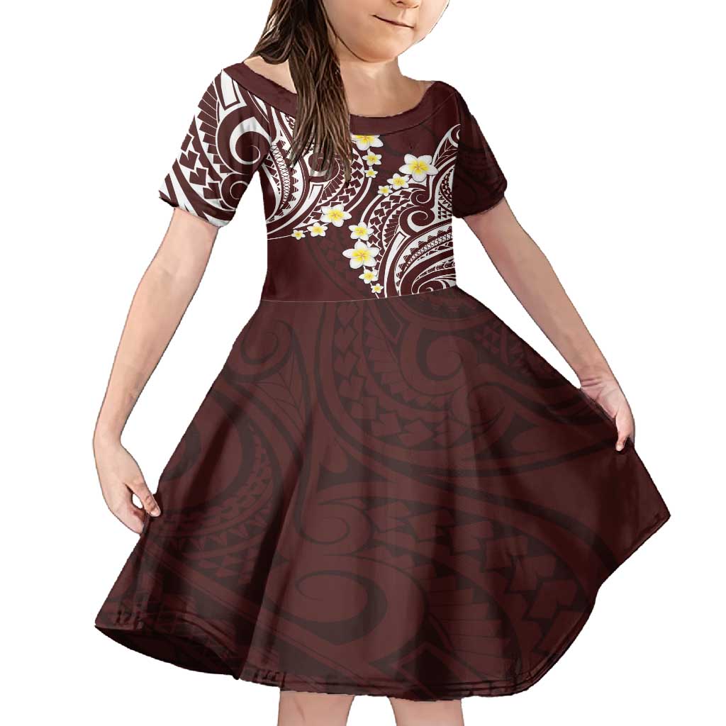 Plumeria With Oxblood Polynesian Tattoo Pattern Family Matching Off Shoulder Maxi Dress and Hawaiian Shirt LT05 Daughter's Dress Red - Polynesian Pride