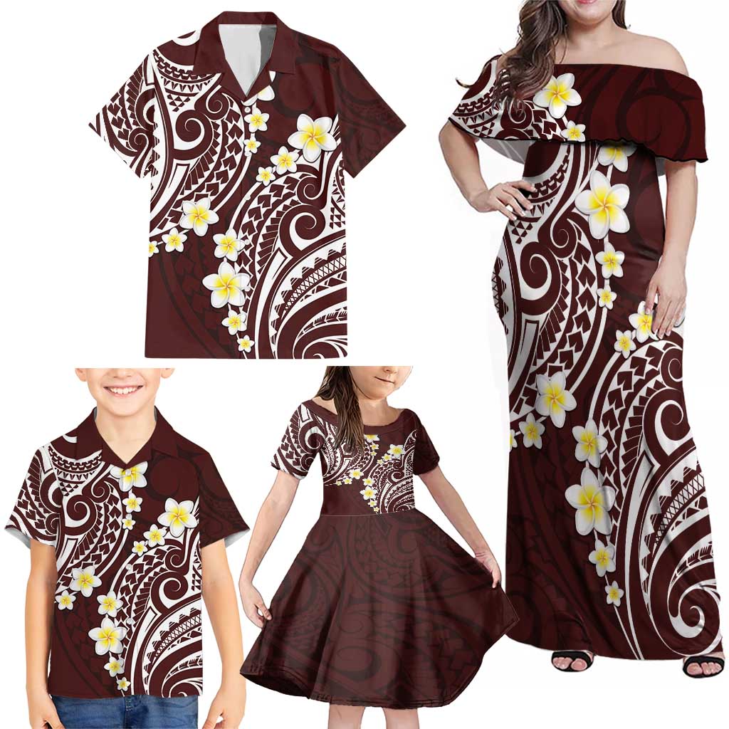 Plumeria With Oxblood Polynesian Tattoo Pattern Family Matching Off Shoulder Maxi Dress and Hawaiian Shirt LT05 - Polynesian Pride