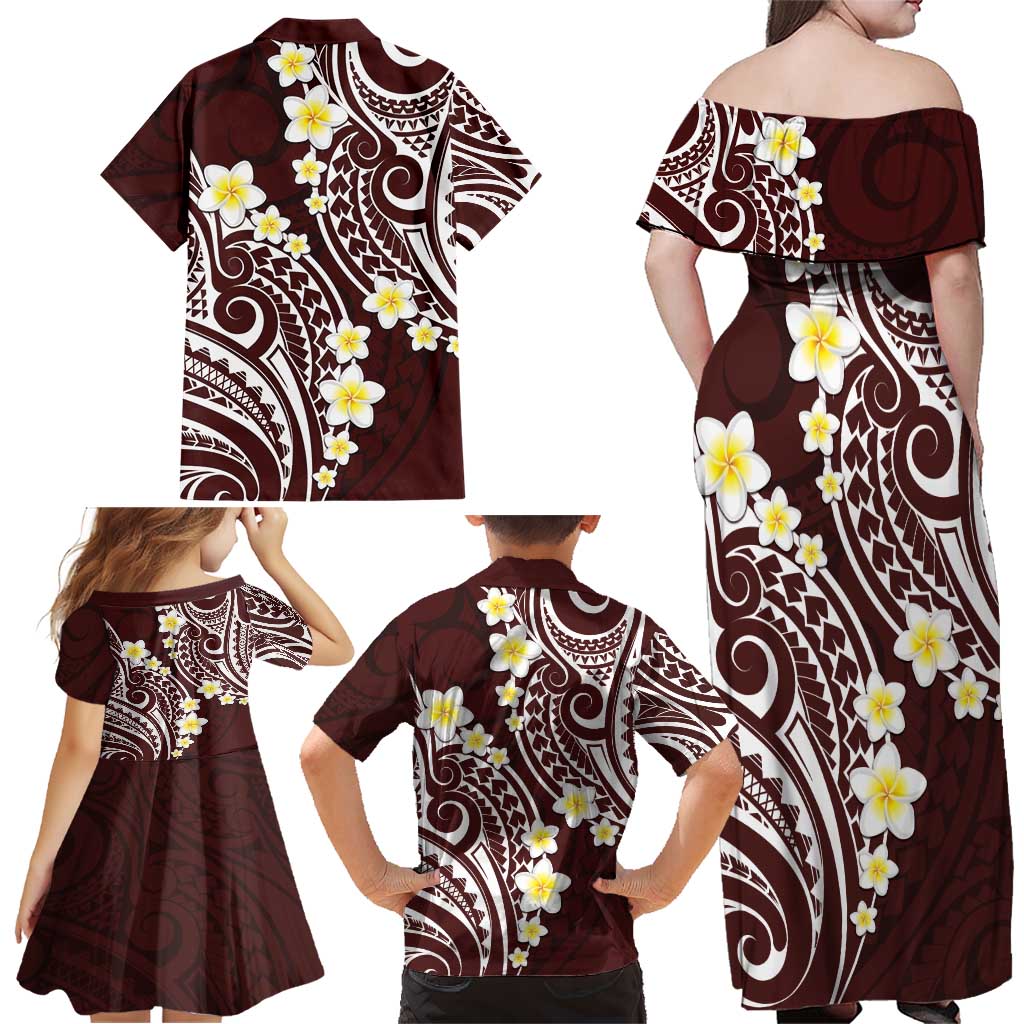 Plumeria With Oxblood Polynesian Tattoo Pattern Family Matching Off Shoulder Maxi Dress and Hawaiian Shirt LT05 - Polynesian Pride