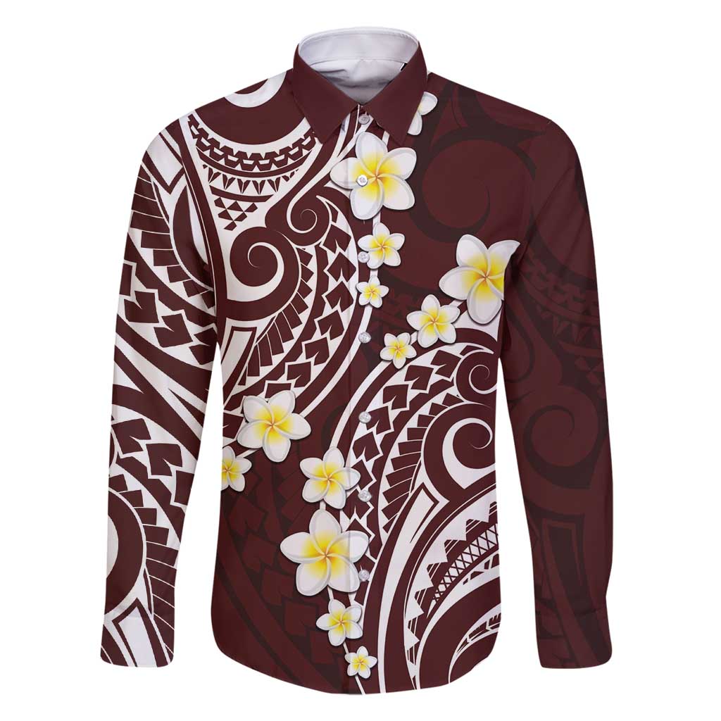 Plumeria With Oxblood Polynesian Tattoo Pattern Family Matching Off Shoulder Maxi Dress and Hawaiian Shirt LT05 Dad's Shirt - Long Sleeve Red - Polynesian Pride
