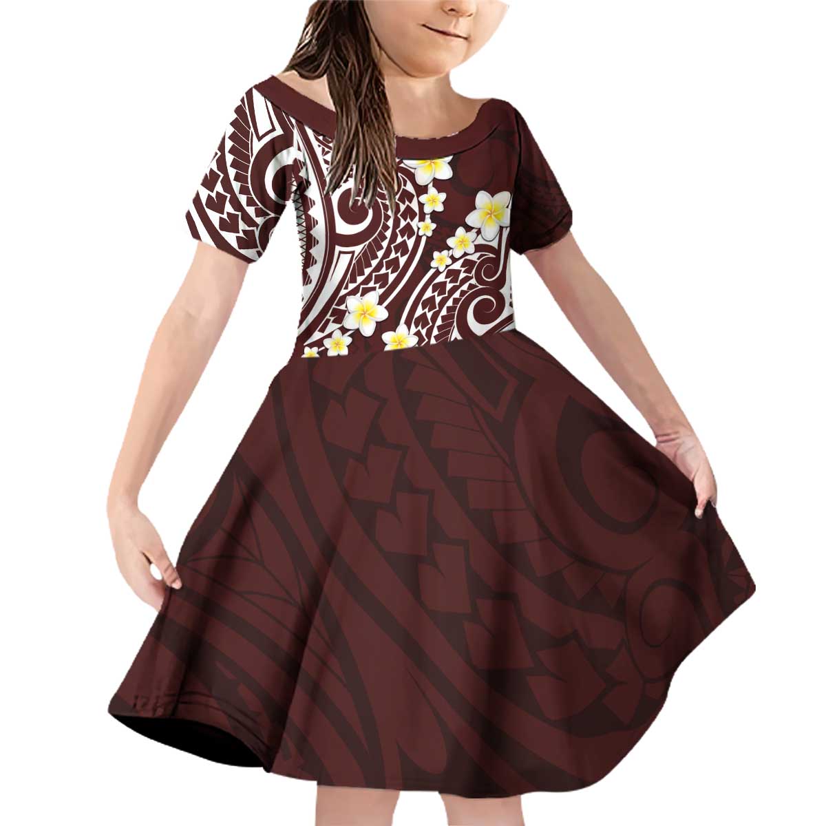 Plumeria With Oxblood Polynesian Tattoo Pattern Family Matching Off Shoulder Short Dress and Hawaiian Shirt LT05 Daughter's Dress Red - Polynesian Pride