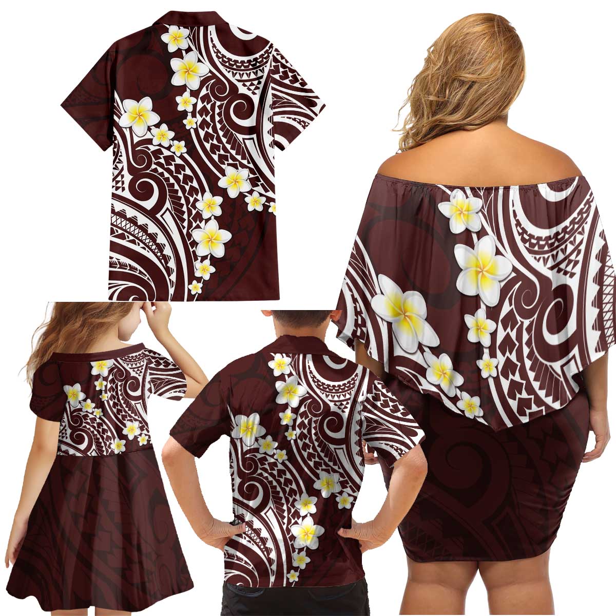 Plumeria With Oxblood Polynesian Tattoo Pattern Family Matching Off Shoulder Short Dress and Hawaiian Shirt LT05 - Polynesian Pride