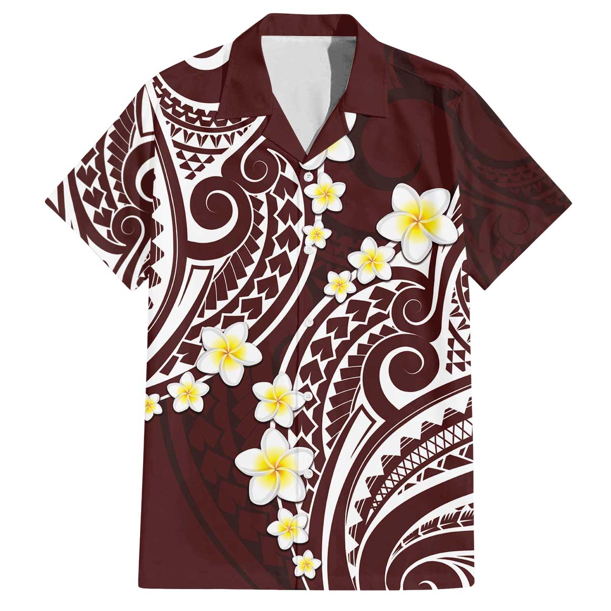 Plumeria With Oxblood Polynesian Tattoo Pattern Family Matching Off Shoulder Short Dress and Hawaiian Shirt LT05 Dad's Shirt - Short Sleeve Red - Polynesian Pride