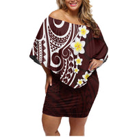 Plumeria With Oxblood Polynesian Tattoo Pattern Family Matching Off Shoulder Short Dress and Hawaiian Shirt LT05 Mom's Dress Red - Polynesian Pride