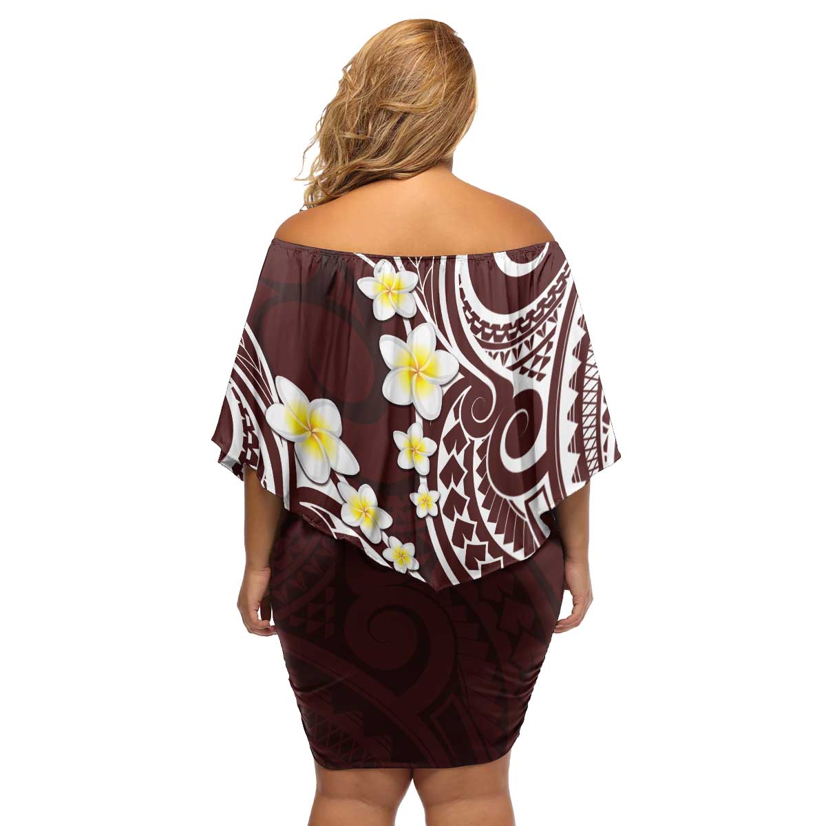 Plumeria With Oxblood Polynesian Tattoo Pattern Family Matching Off Shoulder Short Dress and Hawaiian Shirt LT05 - Polynesian Pride