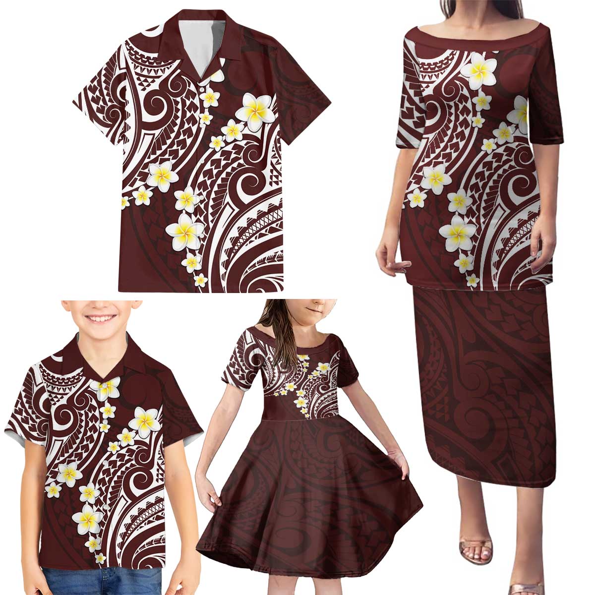 Plumeria With Oxblood Polynesian Tattoo Pattern Family Matching Puletasi and Hawaiian Shirt LT05 - Polynesian Pride