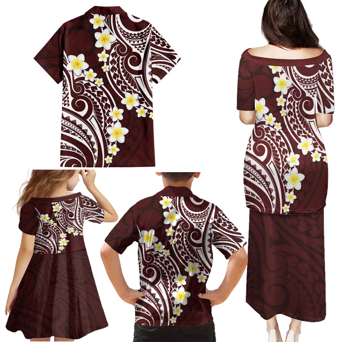 Plumeria With Oxblood Polynesian Tattoo Pattern Family Matching Puletasi and Hawaiian Shirt LT05 - Polynesian Pride