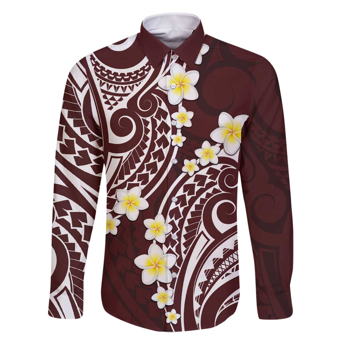 Plumeria With Oxblood Polynesian Tattoo Pattern Family Matching Puletasi and Hawaiian Shirt LT05 Dad's Shirt - Long Sleeve Red - Polynesian Pride