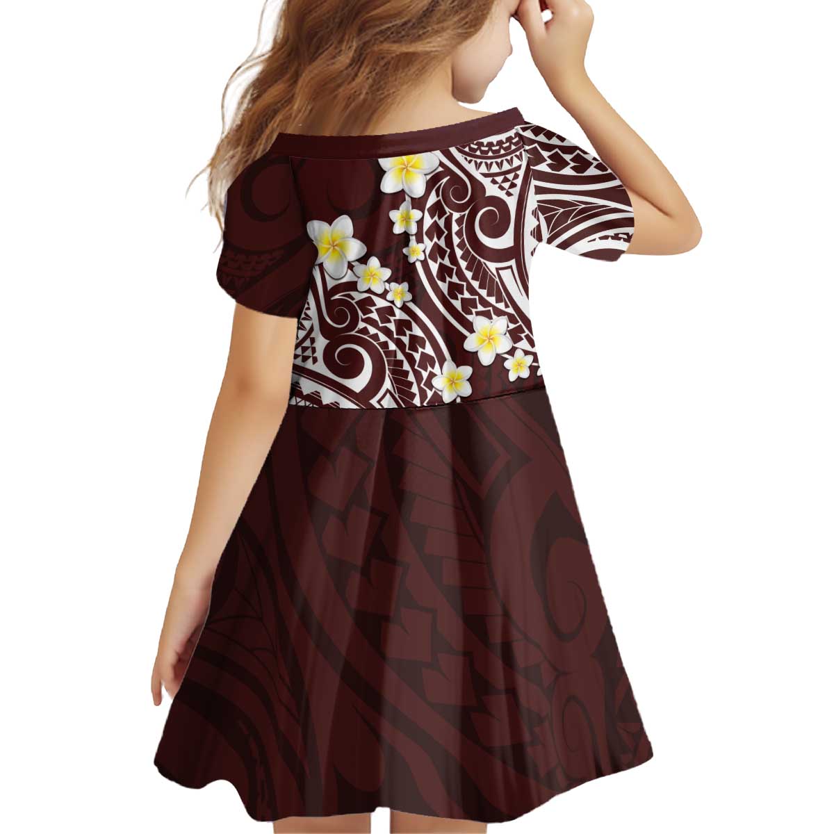 Plumeria With Oxblood Polynesian Tattoo Pattern Kid Short Sleeve Dress LT05 - Polynesian Pride