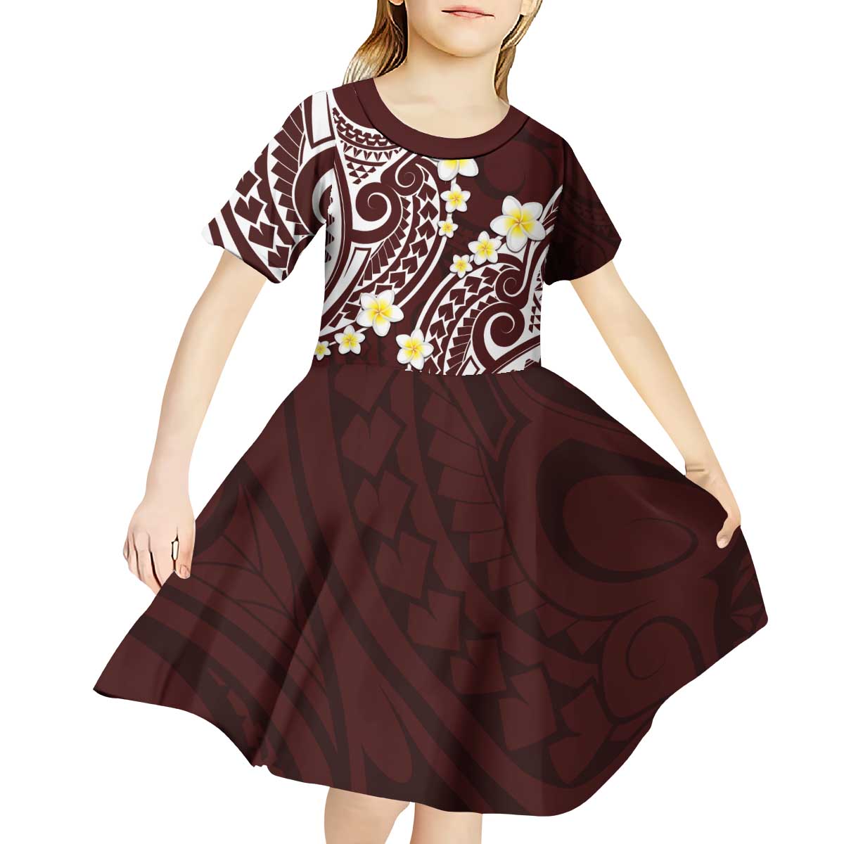 Plumeria With Oxblood Polynesian Tattoo Pattern Kid Short Sleeve Dress LT05 - Polynesian Pride