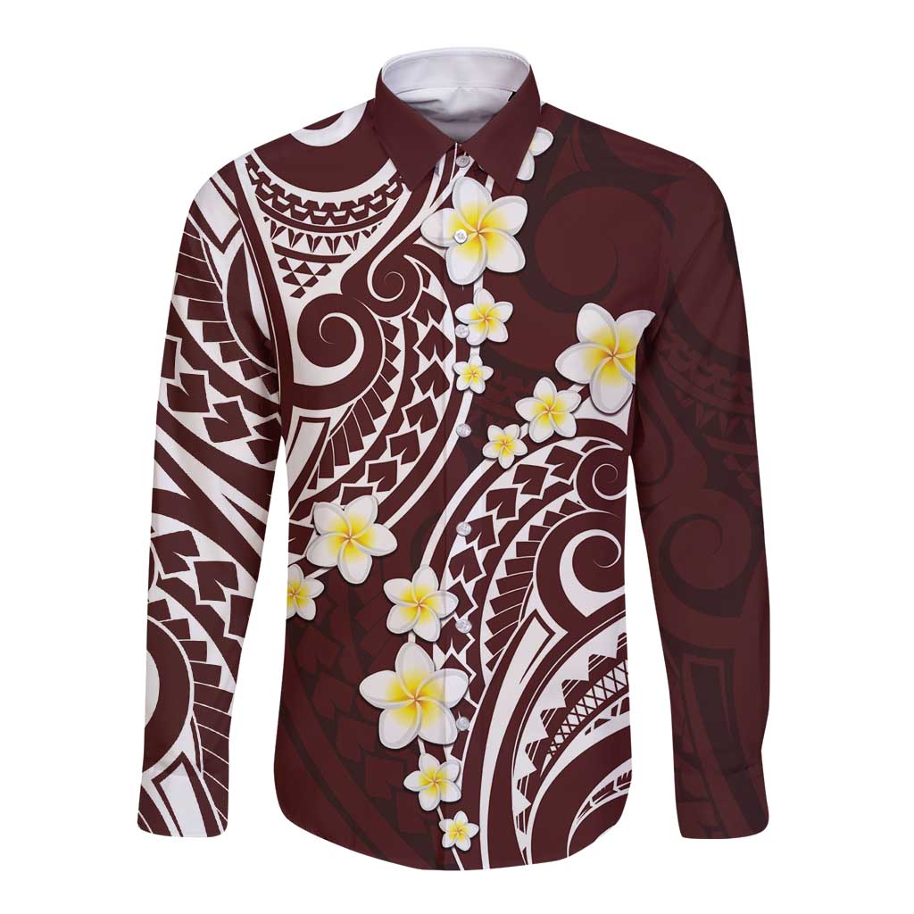 Plumeria With Oxblood Polynesian Tattoo Pattern Long Sleeve Button Shirt