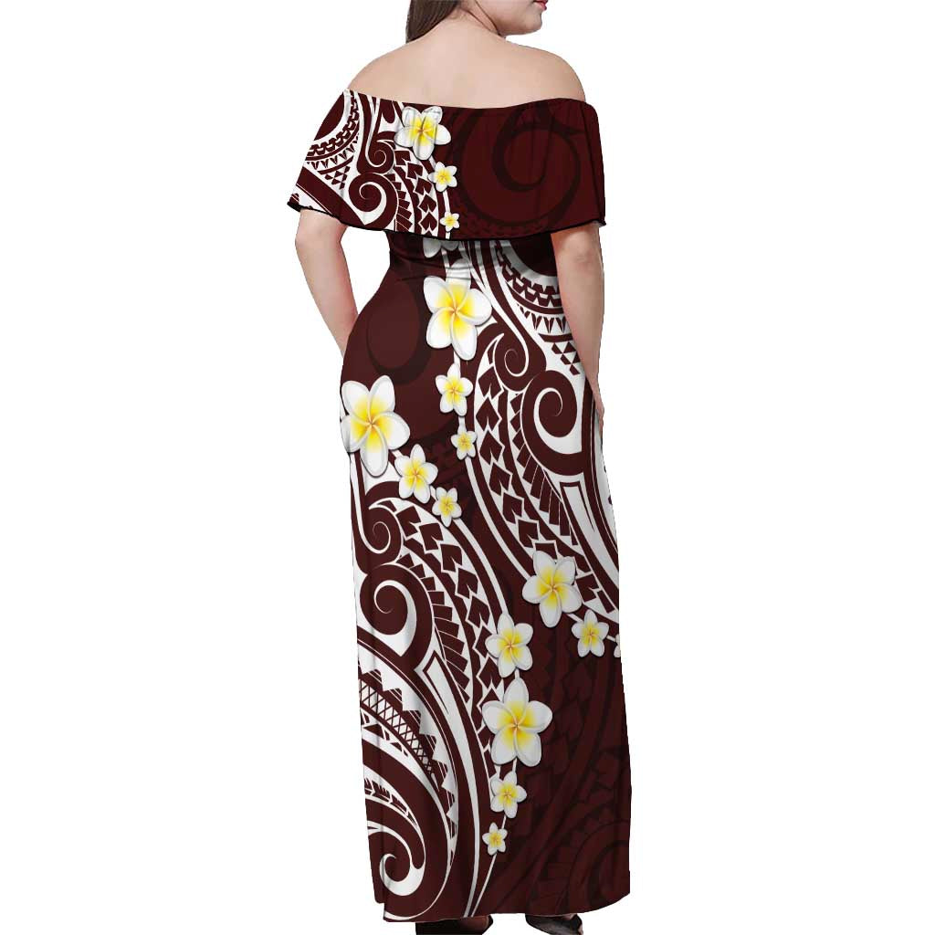 Plumeria With Oxblood Polynesian Tattoo Pattern Off Shoulder Maxi Dress LT05 - Polynesian Pride