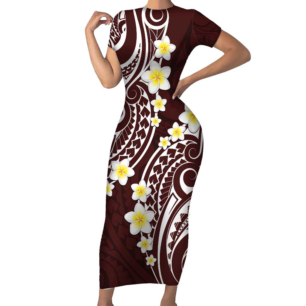 Plumeria With Oxblood Polynesian Tattoo Pattern Short Sleeve Bodycon Dress LT05 Long Dress Red - Polynesian Pride