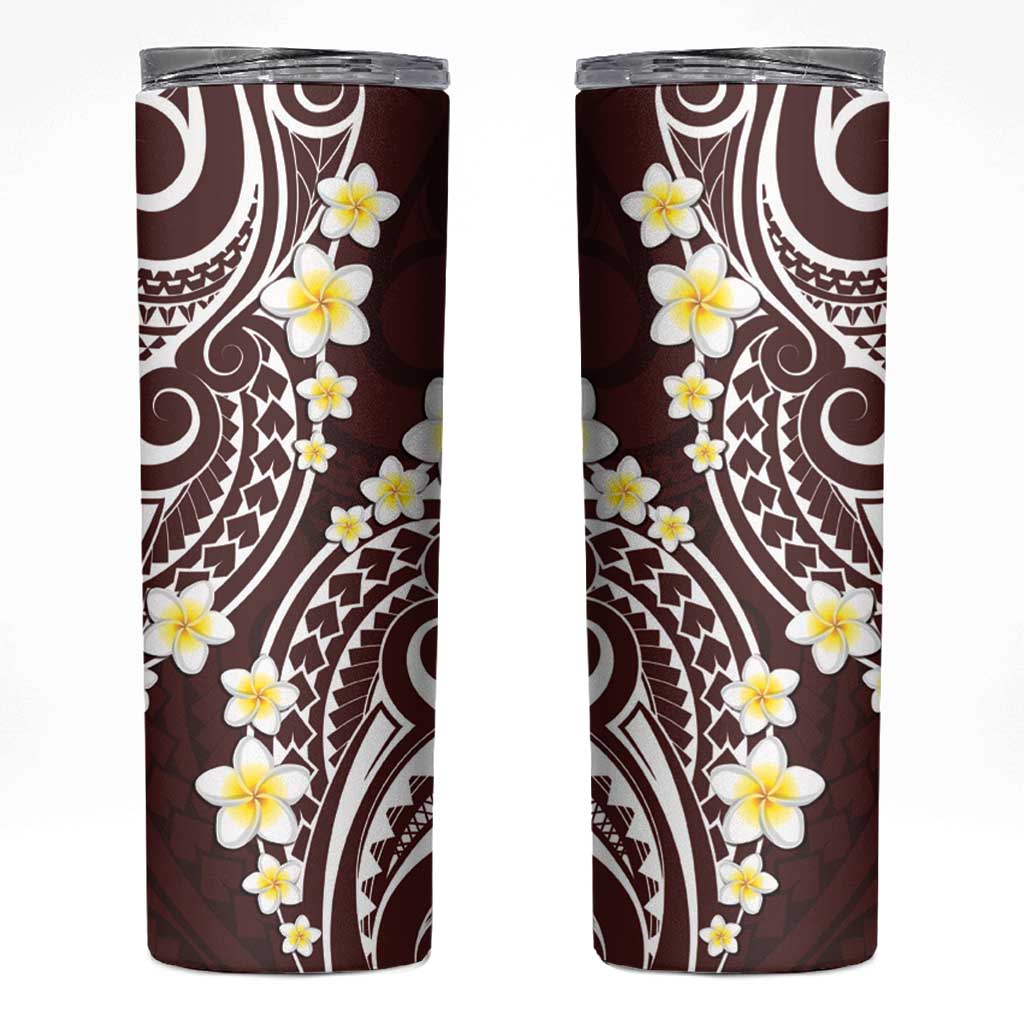 Plumeria With Oxblood Polynesian Tattoo Pattern Skinny Tumbler