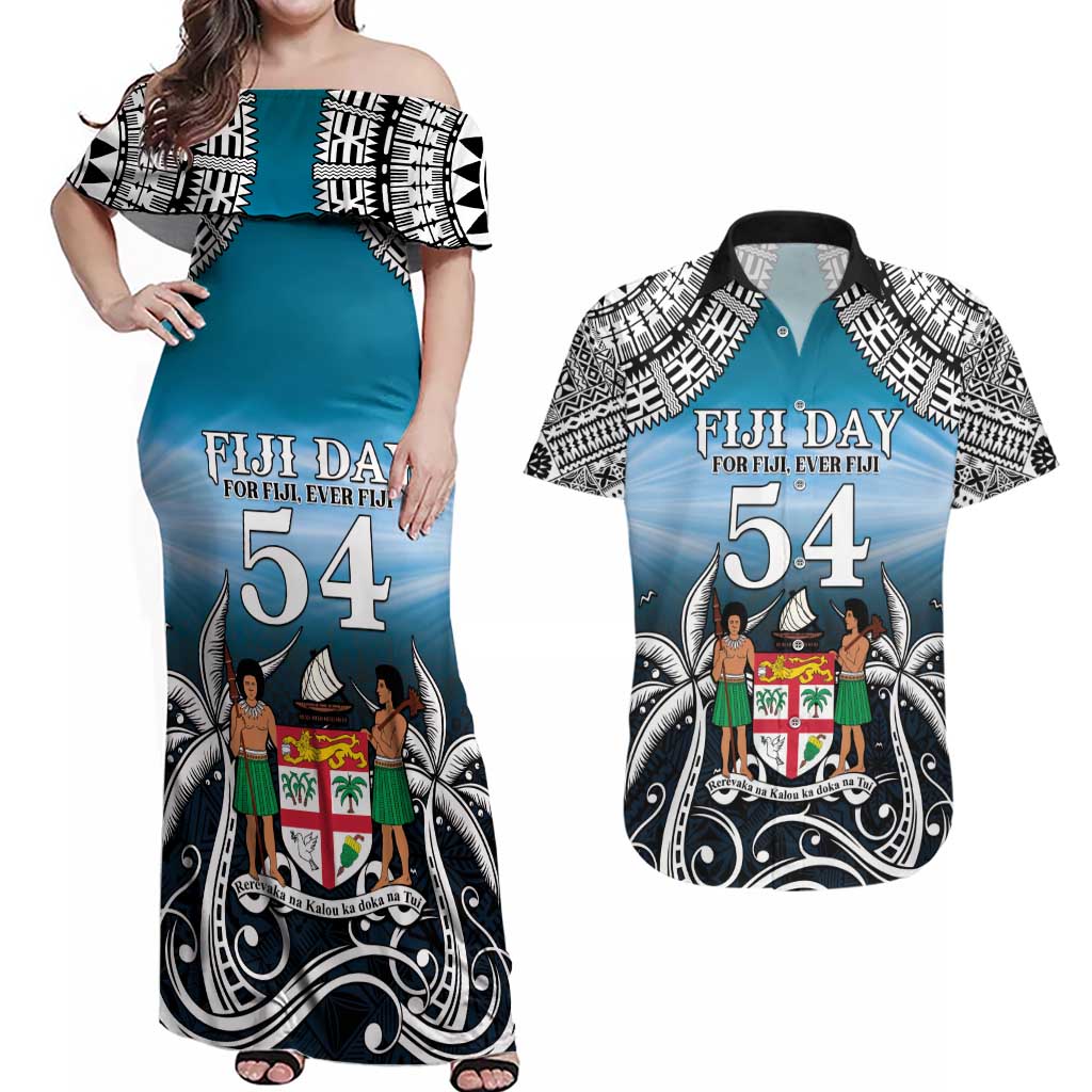 Personalised Happy 50th Fiji Day Couples Matching Off Shoulder Maxi Dress and Hawaiian Shirt Forever Fiji With Tapa Tribal Pattern