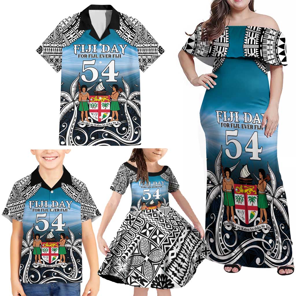 Personalised Happy 50th Fiji Day Family Matching Off Shoulder Maxi Dress and Hawaiian Shirt Forever Fiji With Tapa Tribal Pattern