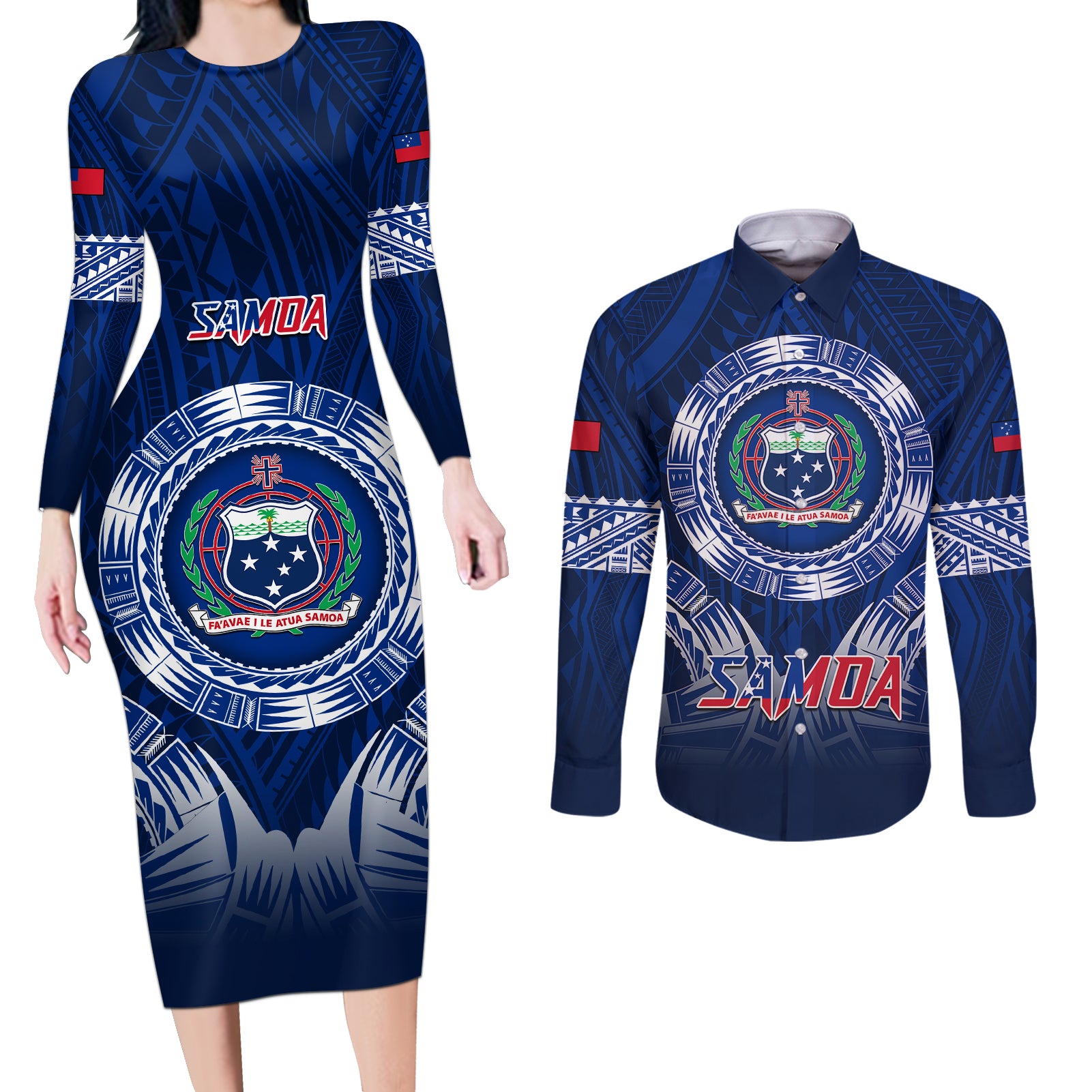 Samoa Rugby Couples Matching Long Sleeve Bodycon Dress and Long Sleeve Button Shirts World Cup 2023 Coat Of Arms With Polynesian Pattern LT05 Blue - Polynesian Pride