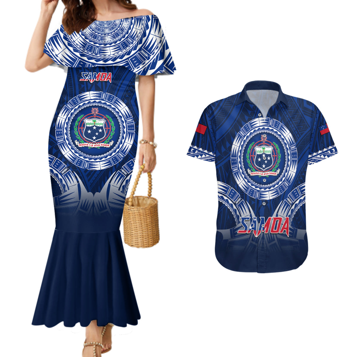 Samoa Rugby Couples Matching Mermaid Dress and Hawaiian Shirt World Cup 2023 Coat Of Arms With Polynesian Pattern LT05 Blue - Polynesian Pride