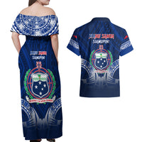 Samoa Rugby Couples Matching Off Shoulder Maxi Dress and Hawaiian Shirt World Cup 2023 Coat Of Arms With Polynesian Pattern LT05 - Polynesian Pride