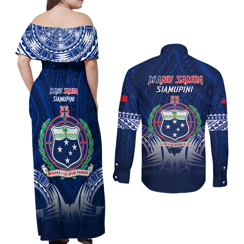 Samoa Rugby Couples Matching Off Shoulder Maxi Dress and Long Sleeve Button Shirts World Cup 2023 Coat Of Arms With Polynesian Pattern LT05 - Polynesian Pride