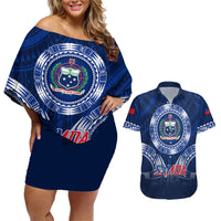 Samoa Rugby Couples Matching Off Shoulder Short Dress and Hawaiian Shirt World Cup 2023 Coat Of Arms With Polynesian Pattern LT05 Blue - Polynesian Pride