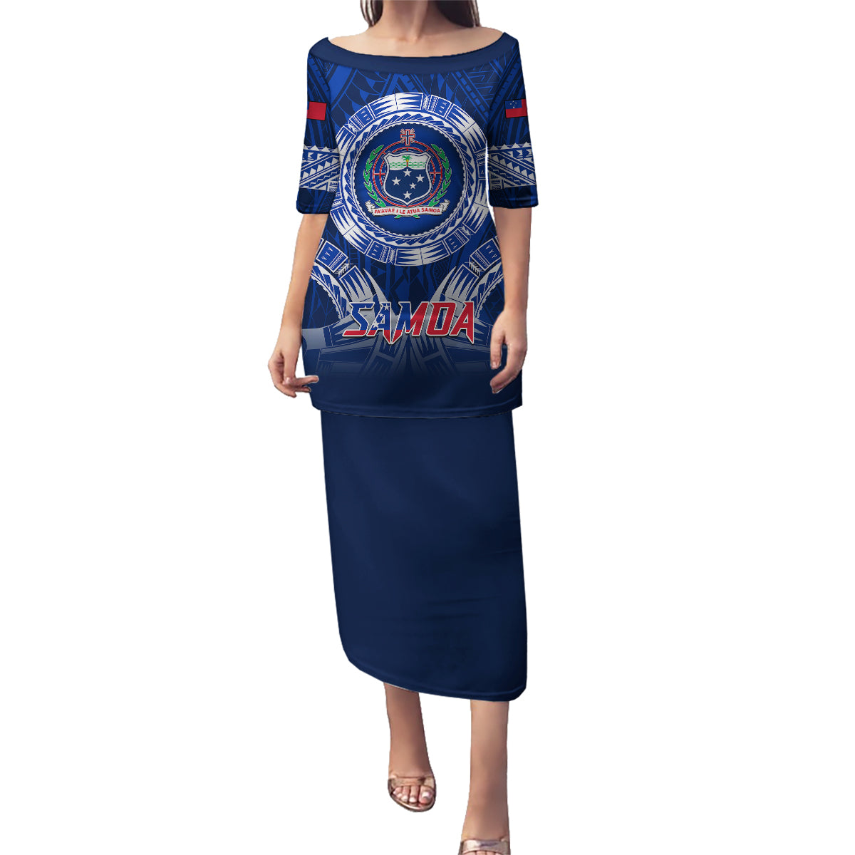 Samoa Rugby Family Matching Puletasi Dress and Hawaiian Shirt World Cup 2023 Coat Of Arms With Polynesian Pattern LT05 Mom's Dress Blue - Polynesian Pride