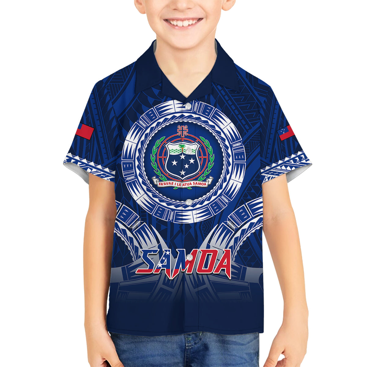 Samoa Rugby Family Matching Puletasi Dress and Hawaiian Shirt World Cup 2023 Coat Of Arms With Polynesian Pattern LT05 Son's Shirt Blue - Polynesian Pride