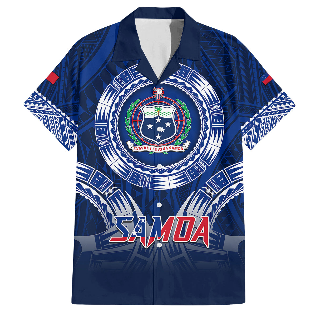 Samoa Rugby Family Matching Short Sleeve Bodycon Dress and Hawaiian Shirt World Cup 2023 Coat Of Arms With Polynesian Pattern LT05 Dad's Shirt - Short Sleeve Blue - Polynesian Pride
